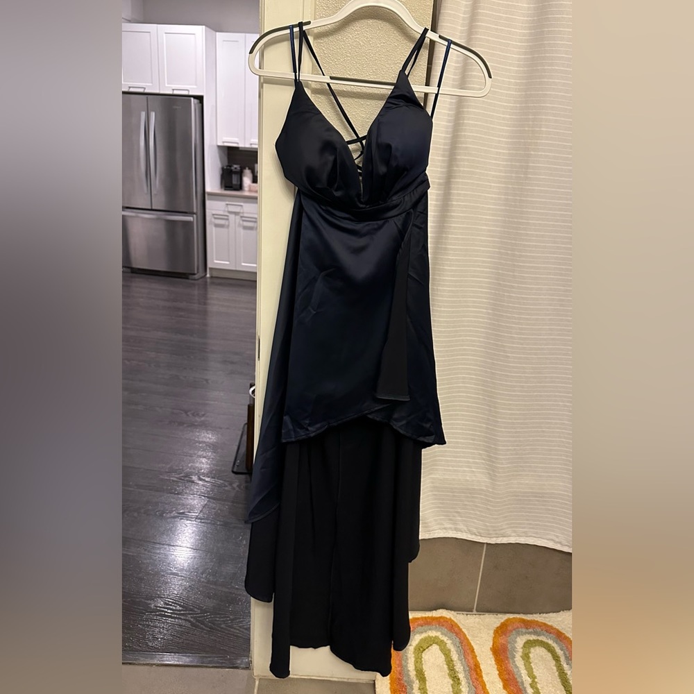 NAVY BLUE STRAPPY PLUNGE HIGH-LOW DRESS